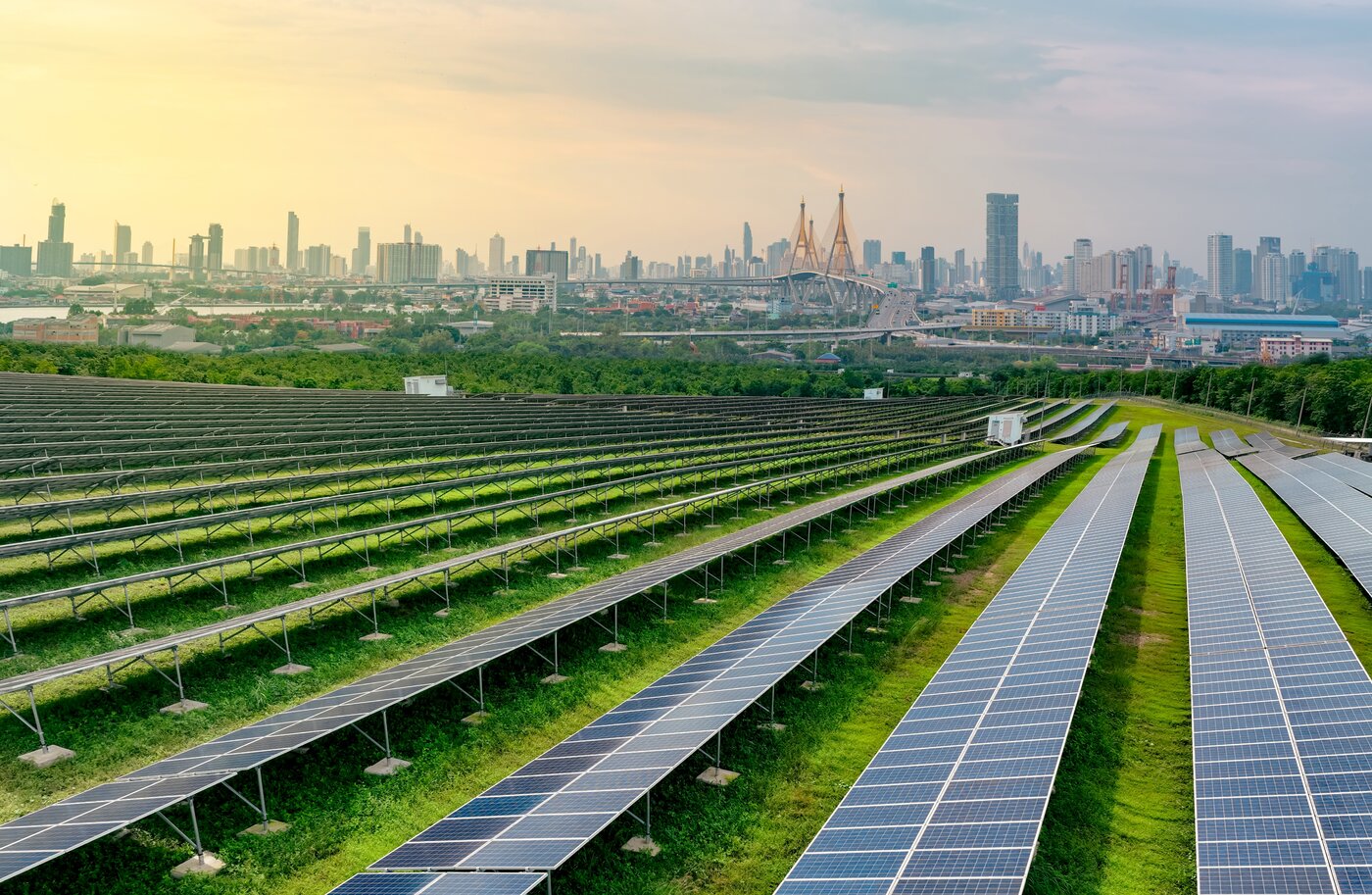 Solar Farm with a City in the Background