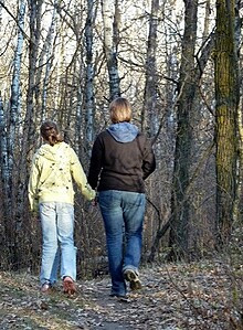 Photo of people walking through the woods