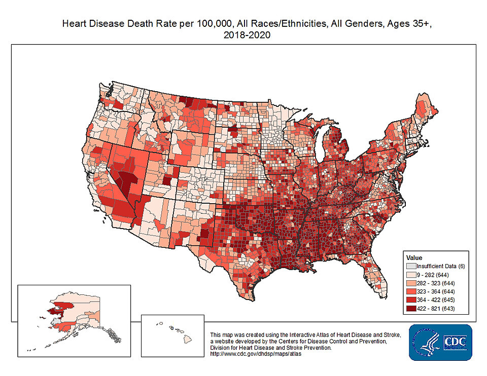 Heart disease death rate per 100,000 in the US, 2018-2020