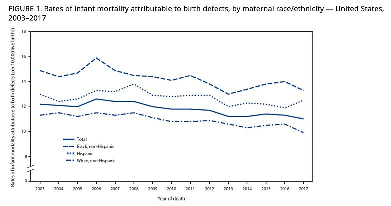 Rates of infant mortality attributable to birth defects, by maternal race/ethnicity in the US 2003-2017